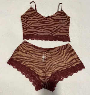 Brown Zebra-Print Lace Trim Cami and Shorts Sleep Set thumbnail 1
