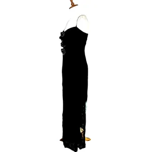 Lovers + Friends Black Lace Gown MEDIUM Maxi Dress Rhinestone Rosette $300 NEW thumbnail 6