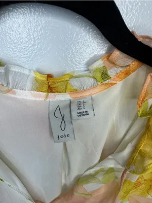 Joie Floral Sheer Blouse Womens Size L Peach Yellow Long Sleeve Tie Neck thumbnail 2