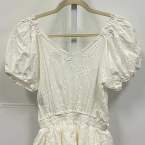 Sky to Moon Eyelet Lace Mini Dress Puff Sleeve Smocked Waist‎ Small White Boho thumbnail 3