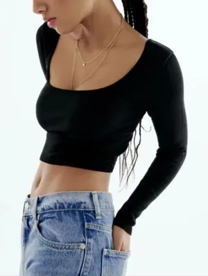 Zara Black Ribbed Scoop Neck Long Sleeve Crop Size M/L. thumbnail 1