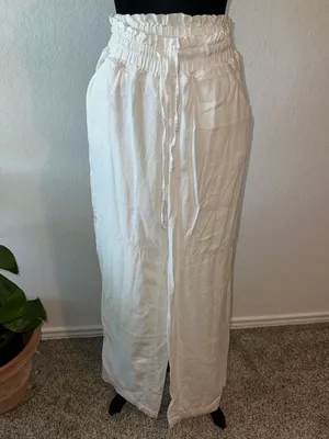 Happily Grey White Paperbag Waist Drawstring Wide-Leg Linen-Blend Pants thumbnail 7
