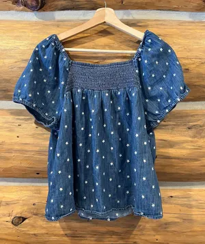 Old Navy Smocked-Yoke Floral-Embroidered Chambray Top thumbnail 2