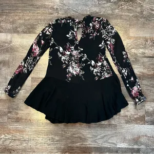 Daytrip High Neck Long Sleeve Black Floral Blouse with Lace Keyhole Size XS thumbnail 5