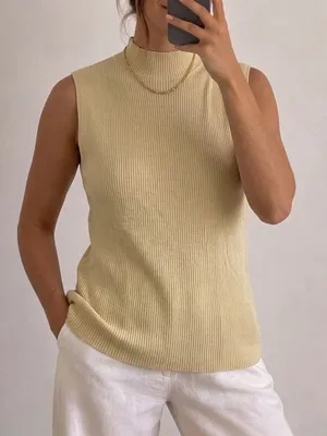 Vintage Silk Ribbed Knit Top Size Medium Butter Yellow Cream Blouse Vtg 90s thumbnail 1