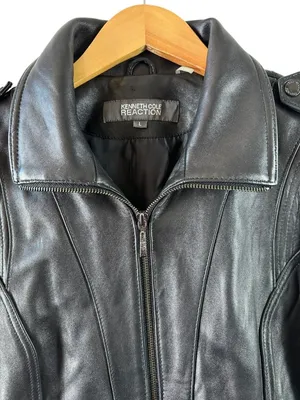 Kenneth Cole Reaction Black Leather Moto Jacket Women’s L Y2K Biker Zip thumbnail 3