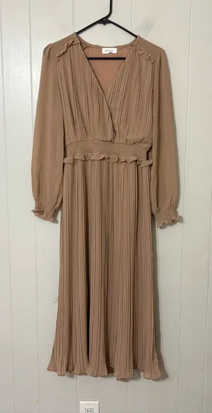 Böhme Pleated Midi Dress Long Sleeve Taupe Smocked Waist Boho Modest Size S thumbnail 1