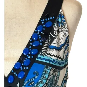 Eci New York Dress Womens 6 Blue And Black Paisley‎ Beaded V Neck Tie Back Maxi thumbnail 6