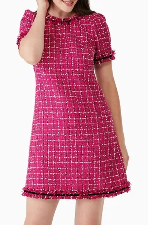 Kate Spade Size 2 NWOT Festive Tweed Mini Shift Dress Magenta Pink Fringe K9841 thumbnail 1