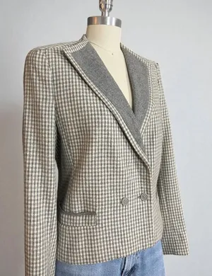 Vintage 90s Cropped Wool Blend Grey & Cream Pointed Lapel Gingham Check Blazer thumbnail 1