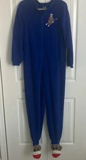 Nick & Nora Sock Monkey Footed Pjs Pajamas Size S Sleepwear Blue Fleece Pockets thumbnail 1