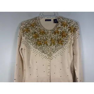 Moda International Cardigan Womens M Beige Silk Sequin Beaded Star thumbnail 6