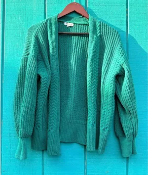 Cocovive Emerald Green Cable Knit Open Front Cardigan Balloon Sleeve‎ Sweater M thumbnail 1