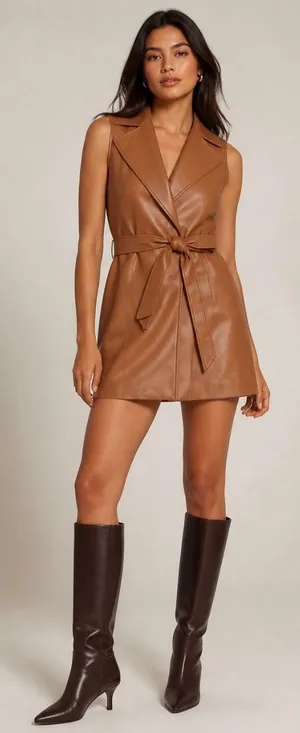 Alice +‎ Olivia NWT Rozlynn Camel Vegan Leather Belted Vest Mini Dress XS thumbnail 1