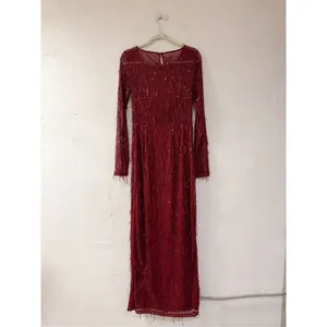 Lulu’s Sheer Fascination Sheer Mesh Sequin Fringe Maxi Dress in Burgundy Red Lar thumbnail 3