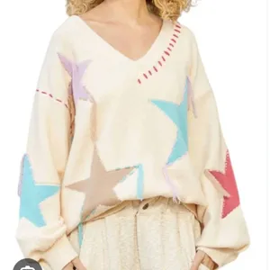 POL Patchwork Star Sweater - Beige V Neck Thick Knit Size Medium thumbnail 1