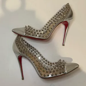 Christian Louboutin Metallic Silver Gloss Clear PVC Spike Me 100 Pumps Size 39 thumbnail 10