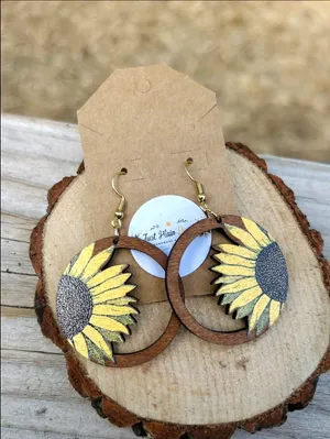 Sunflower Wooden Hoop Dangle Earrings Boho Floral Lightweight Handmade thumbnail 2