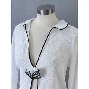 NWT Maeve Anthropologie White‎ Black Trim Ruffle Cropped Cardigan S thumbnail 4