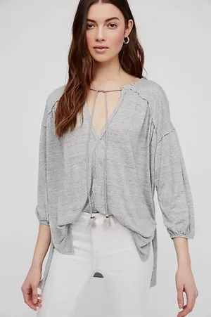 We The Free Grey Just a Henley V-Neck Linen Blend Oversized Boho Top Small thumbnail 1