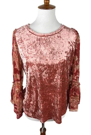 Mystree Rose Crushed Velvet Paisley Bell‎ Sleeve Boho Top Size M thumbnail 1