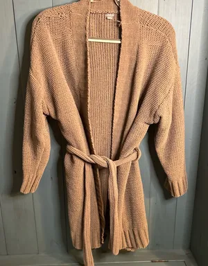 Aerie Light Brown/Tan Belted Mid-Length Cardigan Sweater | Size Medium thumbnail 1