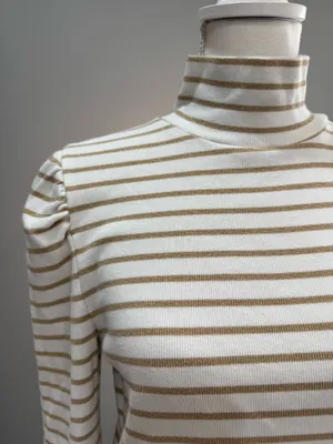White/Tan J. Crew Puff Sleeve Ribbed Turtleneck Top Size L EUC thumbnail 3