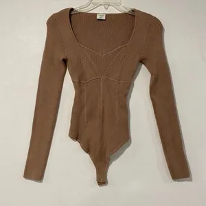 Abercrombie & Fitch XS Brown Ribbed Long Sleeve Bodysuit Square Neck thumbnail 1