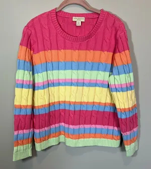 Appleseeds Women’s Striped‎ Pastel Rainbow Sweater Cable Knit Chunky PXL thumbnail 1