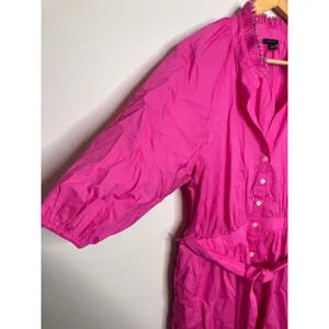 Ann Taylor Shirt Dress Womens 12 Pink Excellent Pom Ruffle Puff Sleeve Belted thumbnail 7