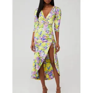 For Love and Lemons Cassia Dress Size 1X NWT Yellow Floral Ruched Midi Cocktail thumbnail 4
