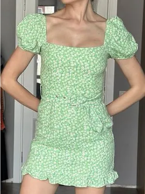 Zara Linen Blend Puff Sleeve Mini Dress in Light Green Floral Daisy Print Size S thumbnail 3