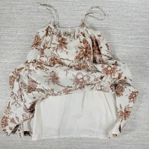 Abercrombie & Fitch Babydoll Cami Top Womens M White Brown Floral Tiered Tunic thumbnail 10