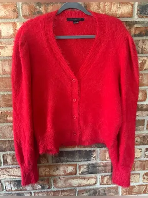 French Connection Fluffy Eyelash V-Neck Button Cardigan - Red thumbnail 5