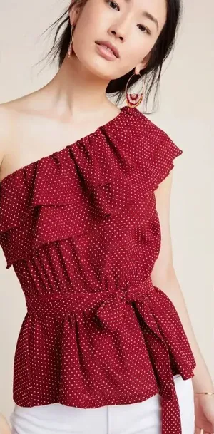 Anthropologie Maeve Rita Ruffled One Shoulder Blouse Red Color White Polka Dot S thumbnail 1
