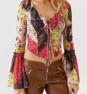 Urban Outfitters Bell Sleeve Top Sz Small Patchwork Boho Festival‎ thumbnail 1