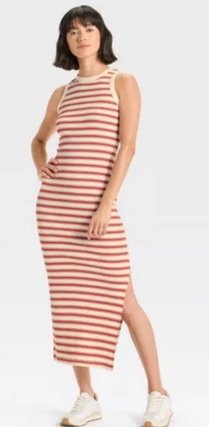 Universal Threads Ribbed Knit Maxi Bodycon Dress Striped Red Cream Size Large thumbnail 1