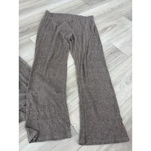 Soft Surroundings Ribbed Knit Lounge Set Tunic Top & Wide Leg Pants Taupe Brown thumbnail 3