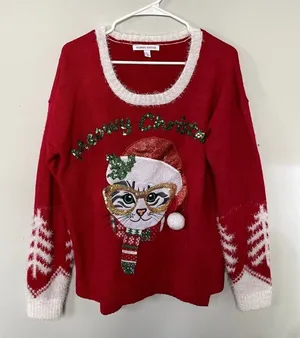 Celebrate Together‎ Meowy Christmas cat design red white knit sweater size L thumbnail 1