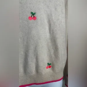 Brodie 100% Cashmere‎ Cherry Embroidered Sweater Neon Pink Trim Size M NWOT thumbnail 2