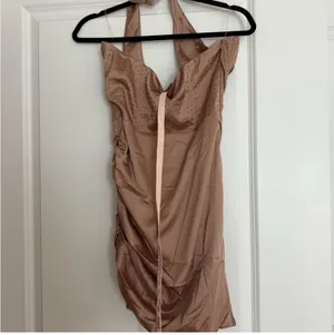 Oh Polly Elegant Halter Neck Dress in Shimmering Tan thumbnail 6