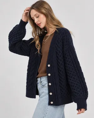 Umgee Navy Cable Knit Cardigan Gold Medallion Buttons Oversized Preppy Boho S thumbnail 1