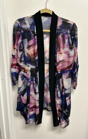 Lightweight Open-Front Multi-Color Art Print Cardigan - Black Trim thumbnail 1