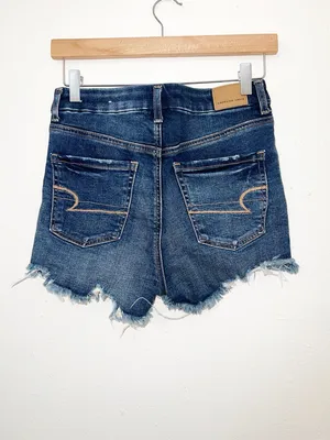 American Eagle Dark Wash Blue Raw Hem Frayed Denim Hi-Rise Shortie Jean Shorts thumbnail 5