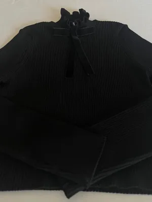 NWOT ZARA Black Ribbed Knit Ruffle Neck Sweater Velvet Bow Size L thumbnail 5