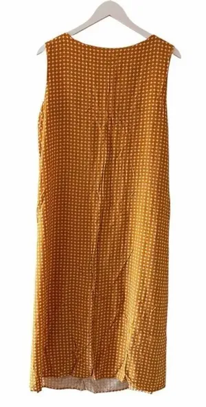 WARY Mustard yellow abstract print sleeveless viscose dress SZ L #2569 thumbnail 1