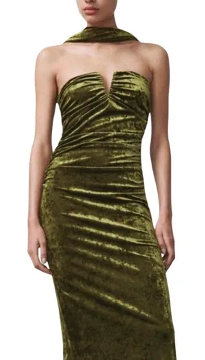 Zara Bold Green Strapless Crushed Velvet Dress Neck Strap Midi Size Medium Women thumbnail 1