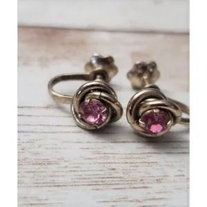Vintage Screw Back Earrings Dainty Pink Gem with Swirl Halo 3/8" thumbnail 2