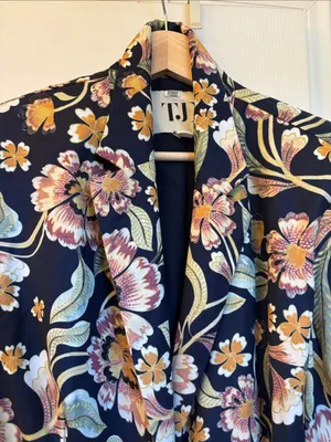 TJD Floral Blazer Jacket in Navy with Yellow & Pink Accents thumbnail 2