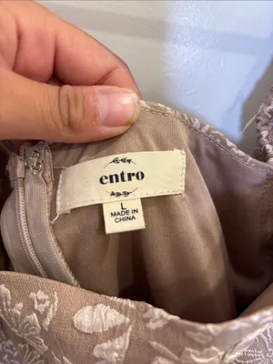 Entro Floral Jacquard Babydoll Mini Dress Tan Cream Puff Sleeve Large thumbnail 2